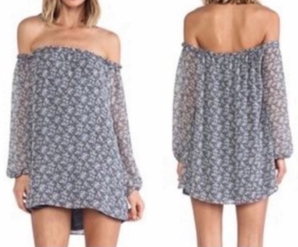 For Love and Lemons blue floral off shoulder mini dress Size Small Cottagecore